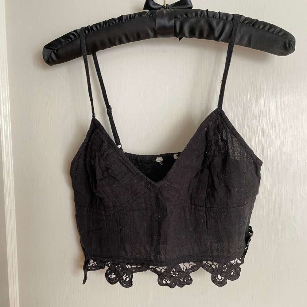 Free People FP One Cotton Bralette Crop Top with Lace Accent — Black